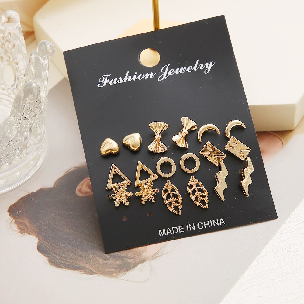 9pairs Leaf Star Moon Stud Earrings Fashion Women Summer Party Jewelry Girls