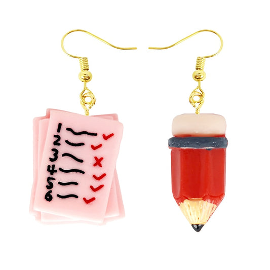 Red Pensil Notes Drop Earrings Women Art Fashion Cartoon Earrings Creative