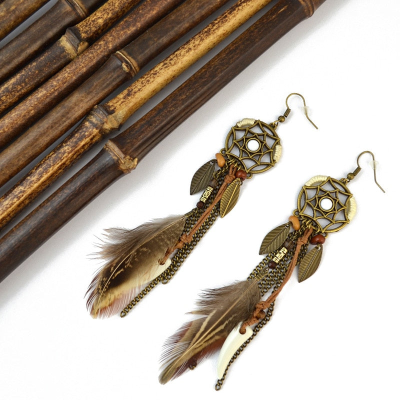 Boho Ethnic Dream Catcher Brown Tassel Feather Dangle Earrings Fashion Party