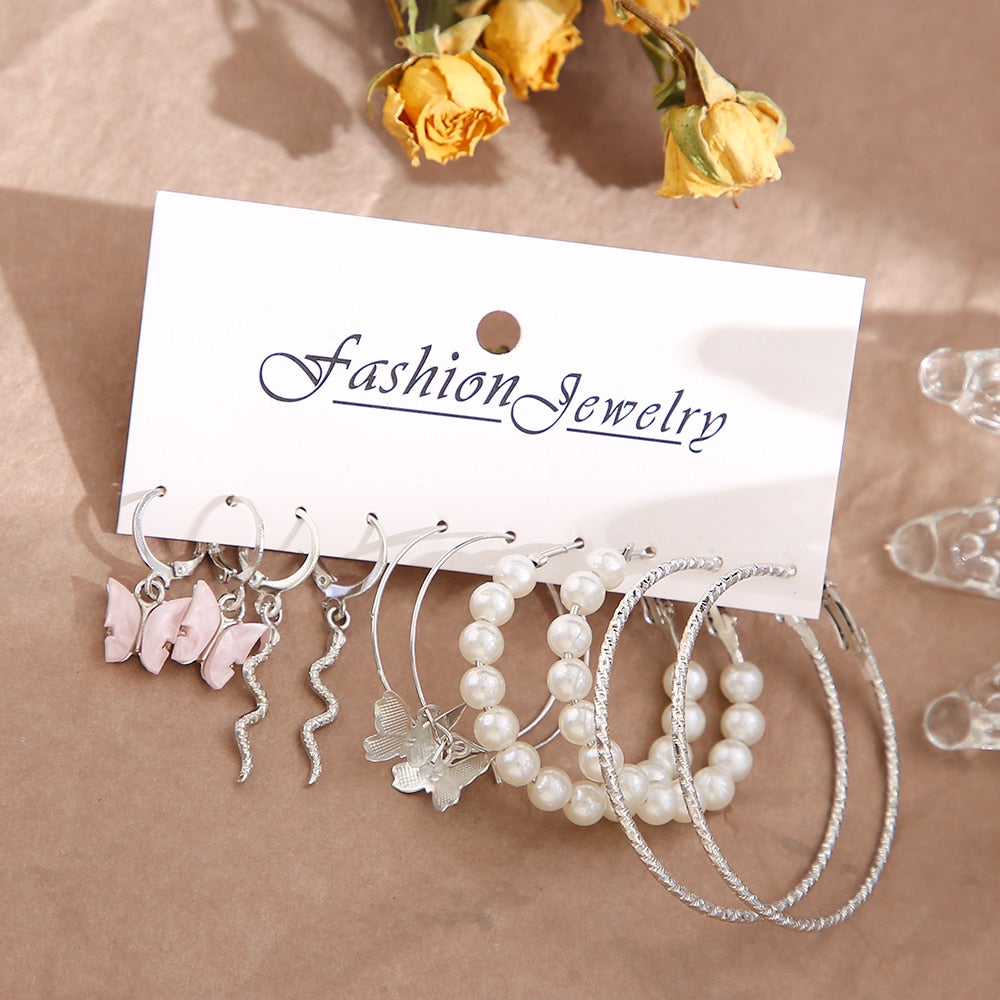 33 Styles 5-9Pairs Set Drop Hoop Earrings Set Acrylic Pearl Tassel Fashion Women