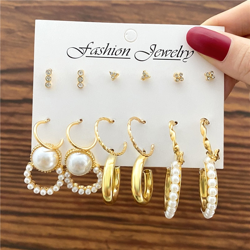 33 Styles 5-9Pairs Set Drop Hoop Earrings Set Acrylic Pearl Tassel Fashion Women