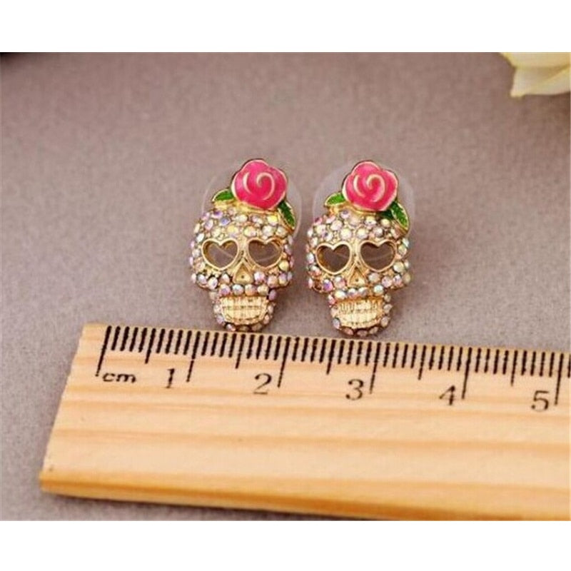 Rhinestone Flower Skull Stud Earrings Fashion Shiny Ladies Jewelry Women Classic