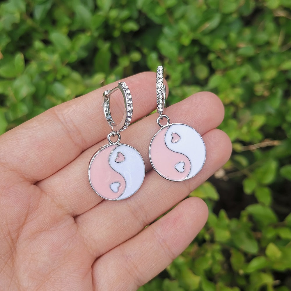 Pink Round Yin Yang Dangle Earrings Women Girl Fashion Trendy Jewelry