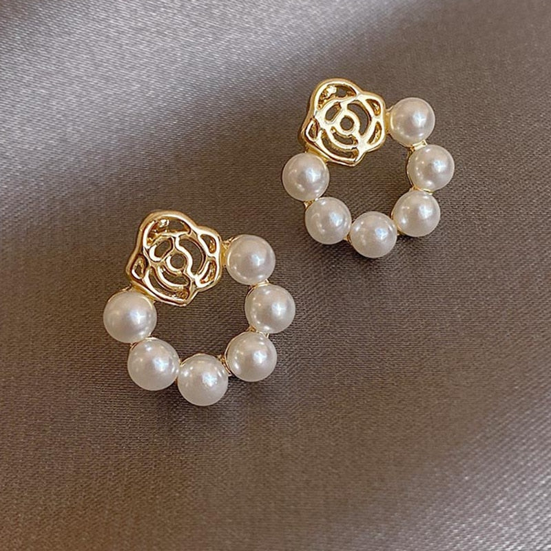 Faux Pearl Rose Stud Earrings Luxury Wedding Party Fashion Jewelry Gift