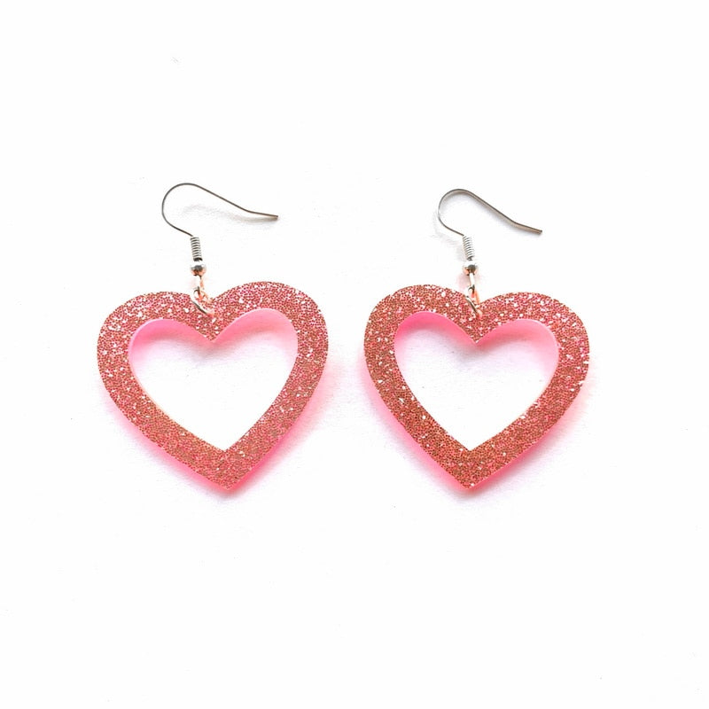 Simple Classic Style Glitter Pink Hollow Out Heart Dangle Earrings for Girls