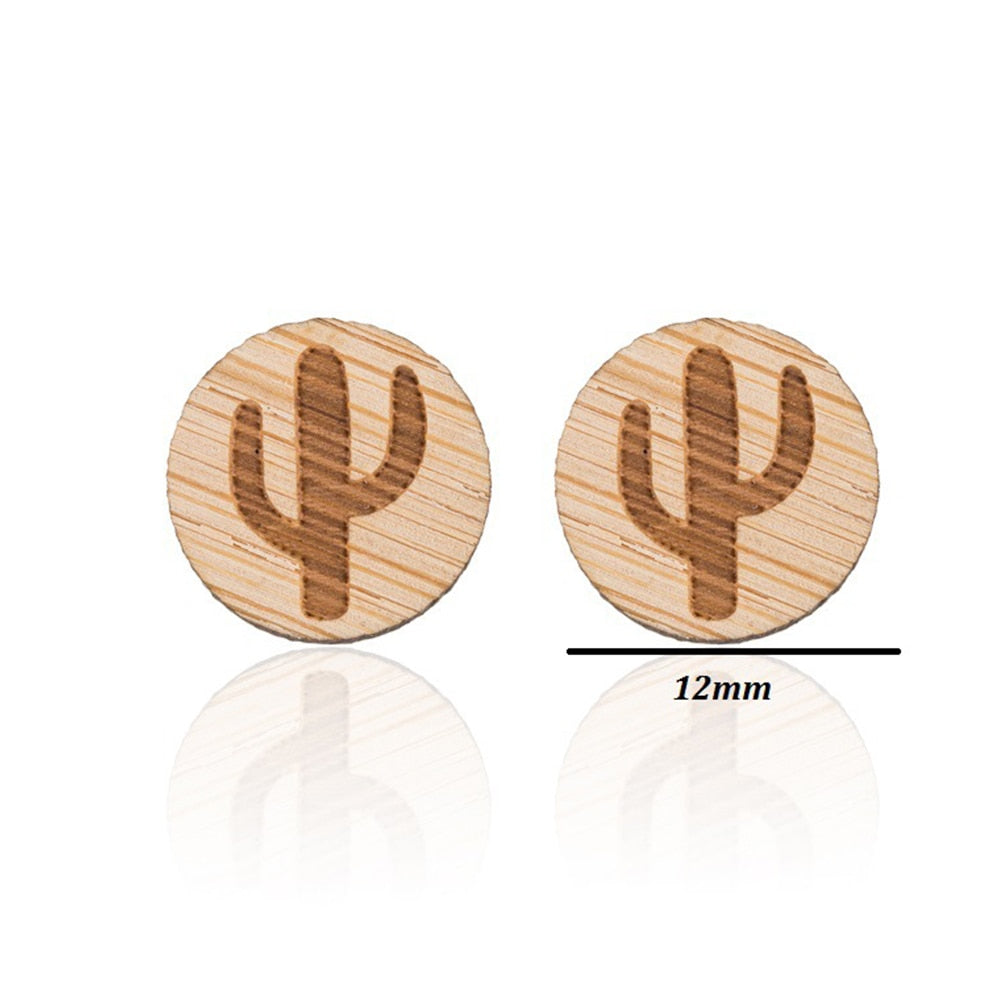 Wooden Cactus Lady Cute Stud Earrings for Women Jewelry Girls Earrings