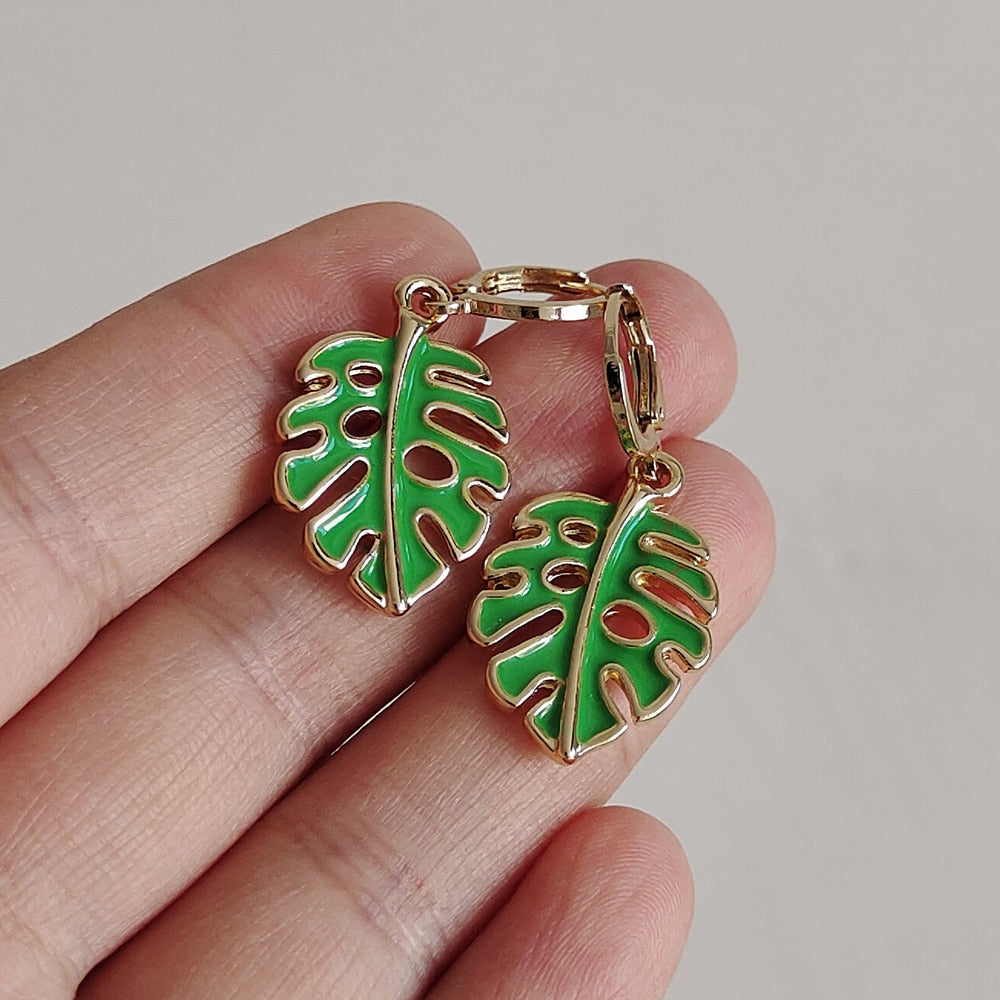 Green Tropical Leaf Drop Earrings Cartoon Ear Pendants Accessories Women Art