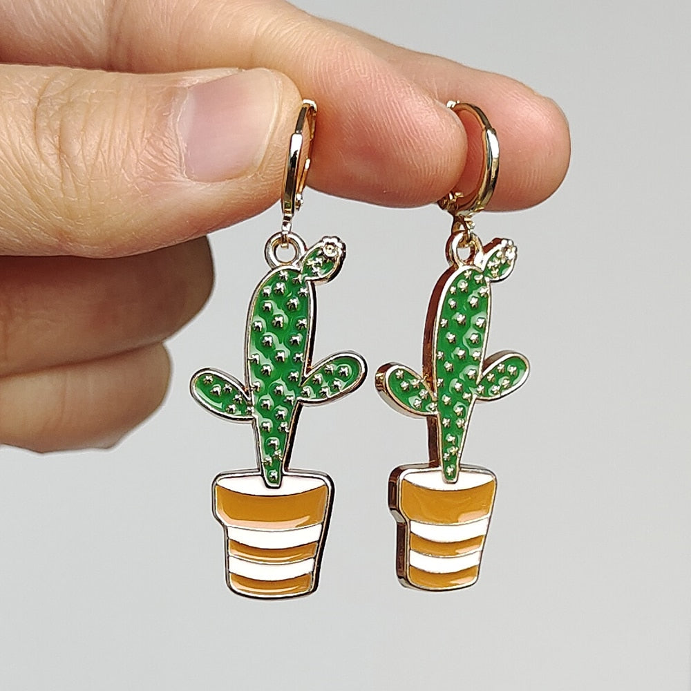 Brown Pot Cactus Drop Earrings Cartoon Ear Pendants Accessories Women Art