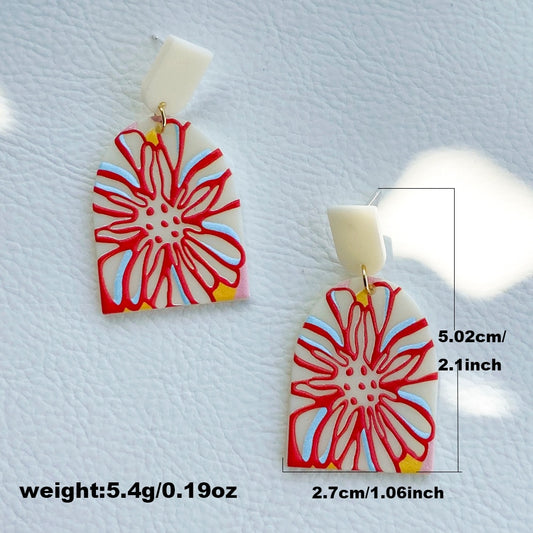 Large Red Flower Hand Painted Resin Drop Earrings Women Girl Party Gift Fashion