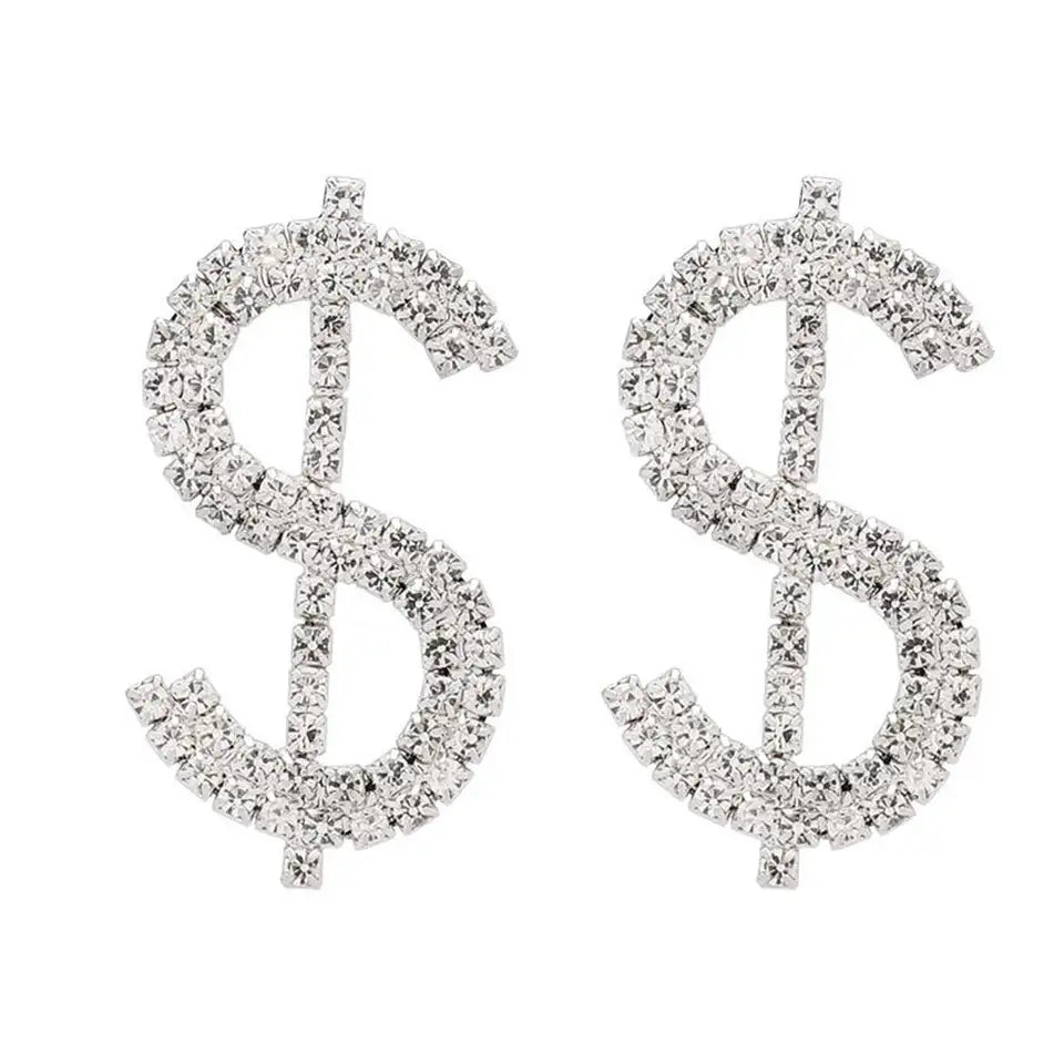 Rhinestone Dollar Decor Stud Earrings for Women Girls Ear Studs Jewelry Gift