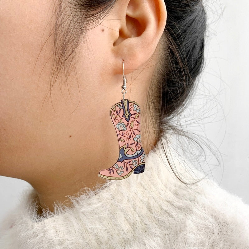 Floral Pattern Cowgirl Boots Drop Charm Earrings For Women Girl Fashion Modern