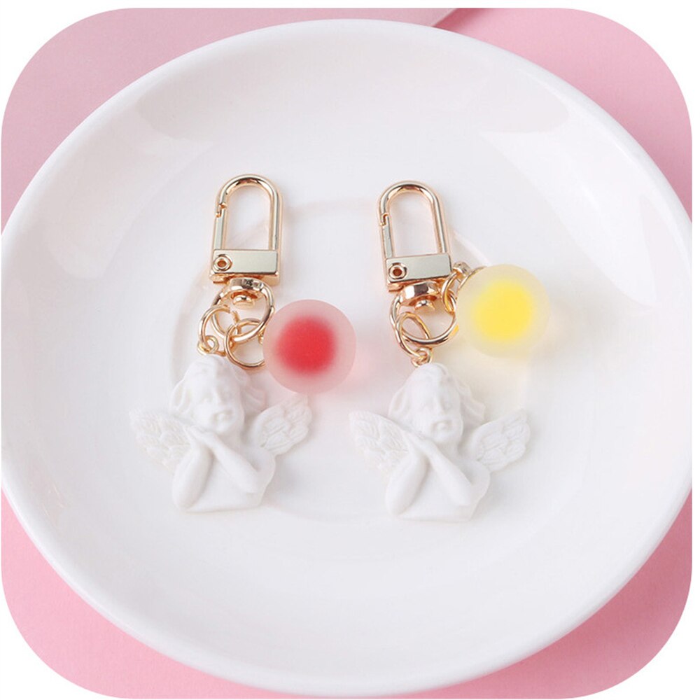 5 Colors White Angel Keychain Charms Women Cute Mini Jelly Ball Pendant Key Ring