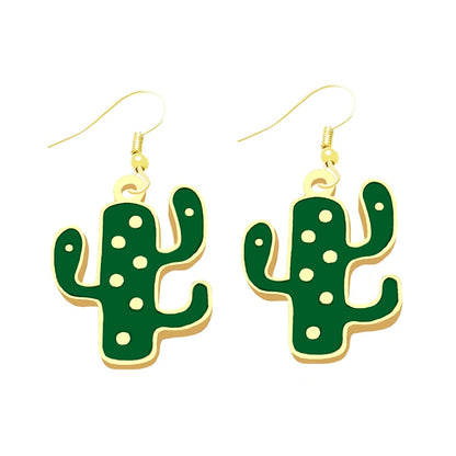 Dark Green Cactus Drop Earrings Cartoon Art Women Party Jewelry Ear Fashion