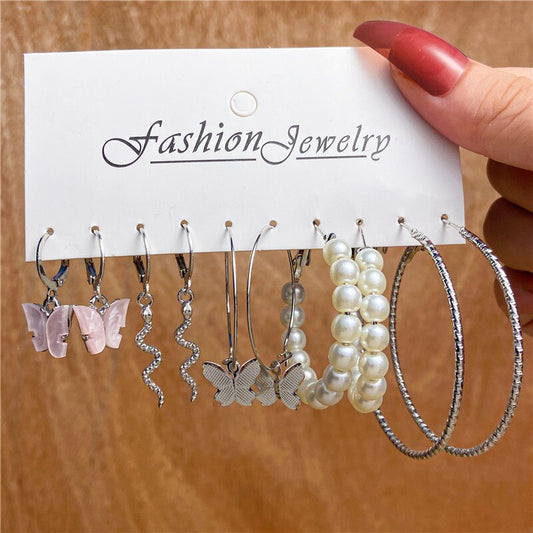 5Pairs Snake and Butterfly Pendant Drop Earrings Set Fashion Women Summer Party