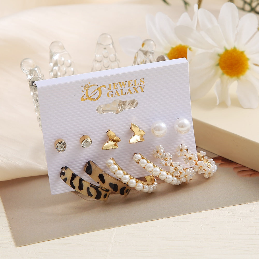 33 Styles 5-9Pairs Set Drop Hoop Earrings Set Acrylic Pearl Tassel Fashion Women