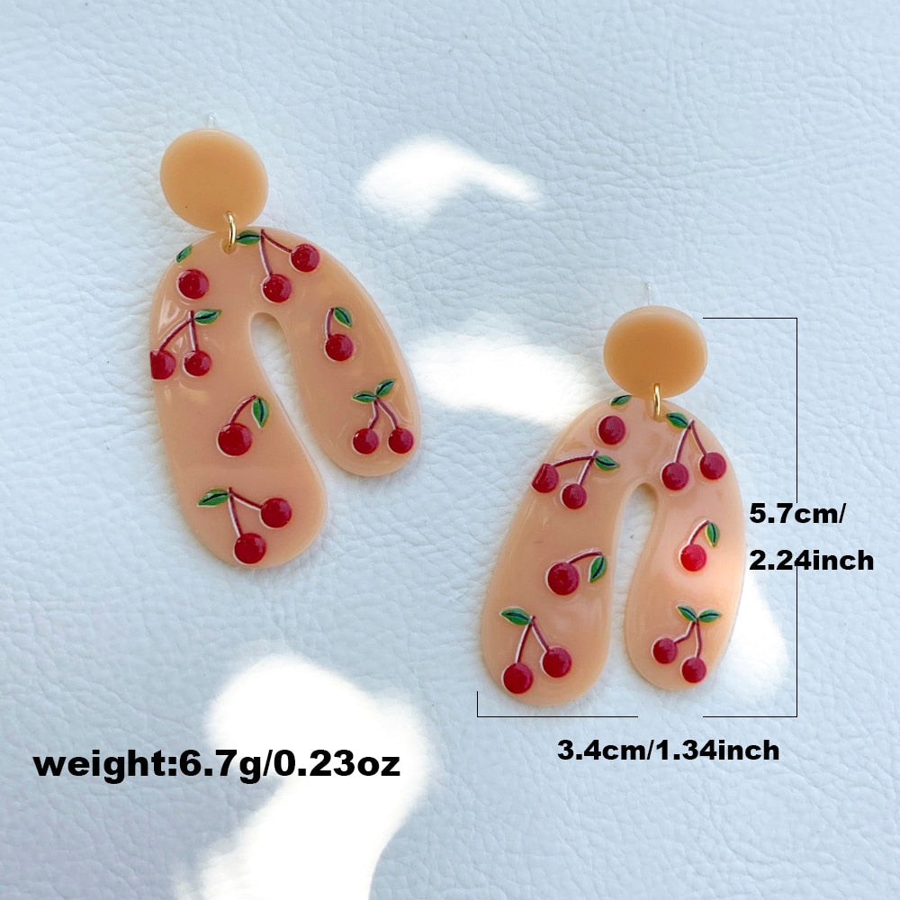 Cherries Pattern Hand Painted Resin Drop Earrings Women Girl Party Gift Fashion