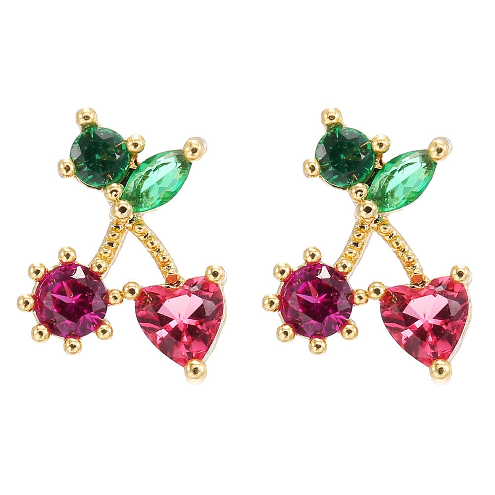 Burgundy Heart Rhinestone Cherry Stud Earrings Cartoon Ear Pendants Accessories