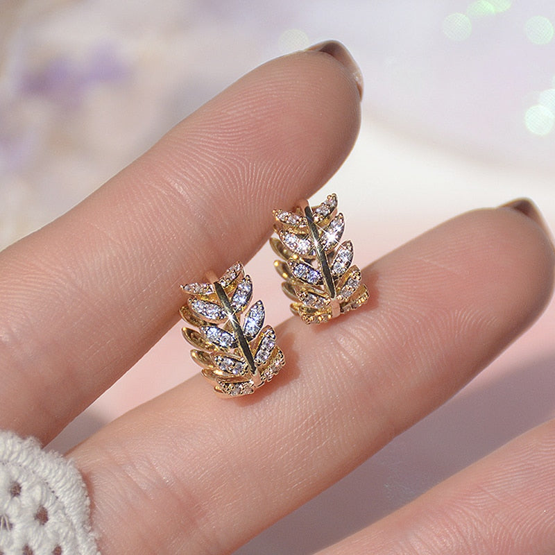Rhinestone Leaf Fashion Ear Studs Earrings Jewelry Women Earrings Accessories