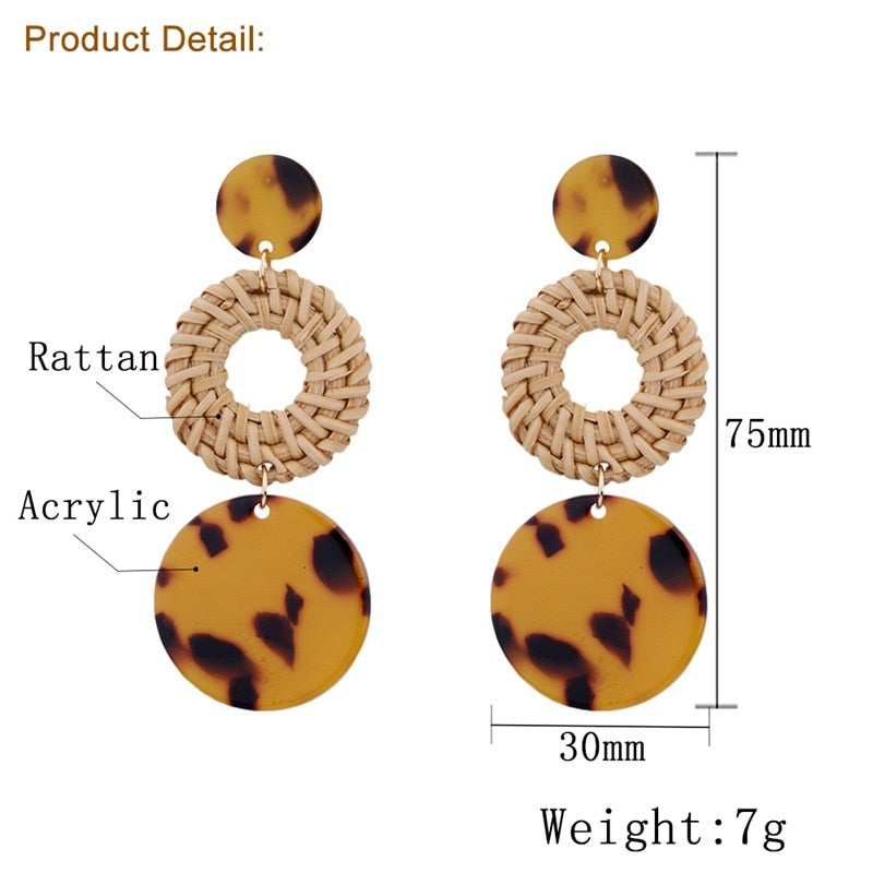 Tortoiseshell and Rattan Mix Drop Earrings Modern Women Stylish Gift Jewelry Ear