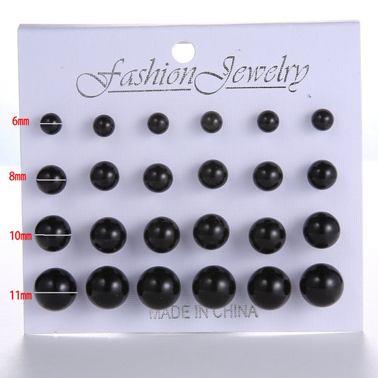 12 Pairs Black Faux Pearl Stud Earrings Women Gift Wedding Party Fashion Jewelry