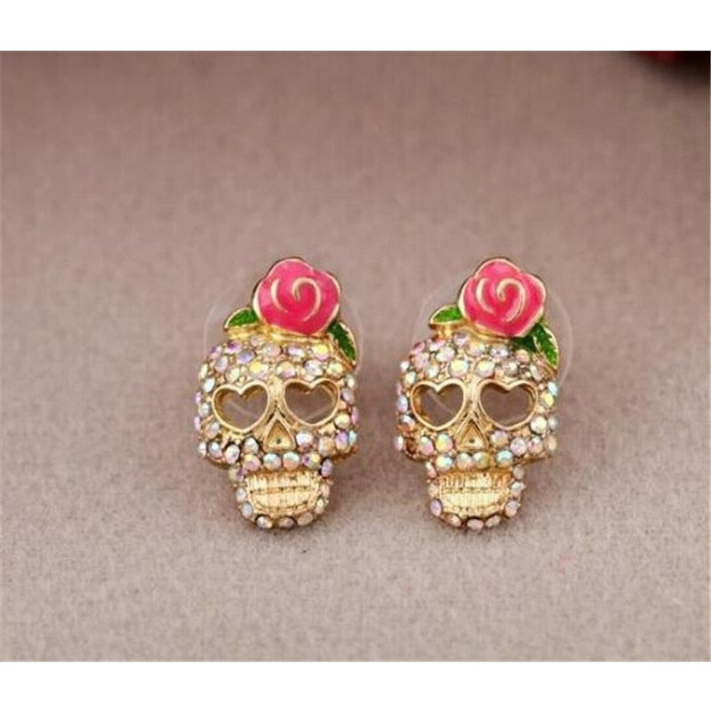 Rhinestone Flower Skull Stud Earrings Fashion Shiny Ladies Jewelry Women Classic