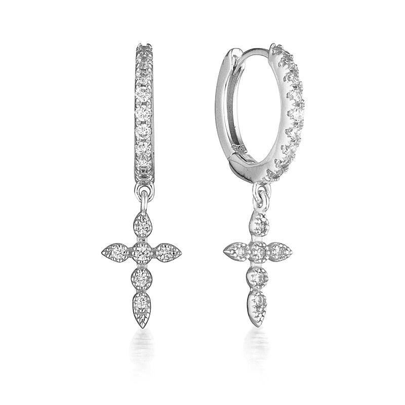 Silver-colored Rhinestone Cross Piercing Cartilage Dangle Earrings Women Girl