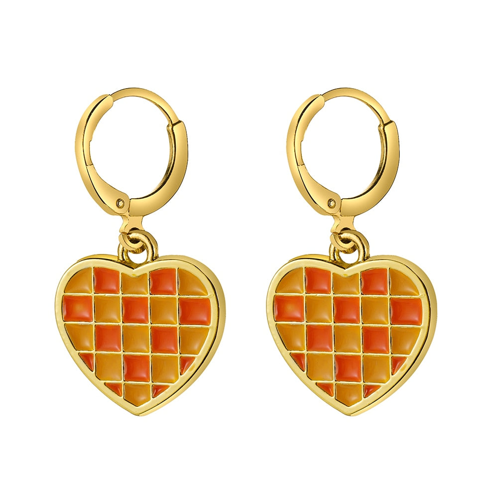 Orange Plaid Heart Dangle Earrings Fashion Party Girls Pendant Earrings Women