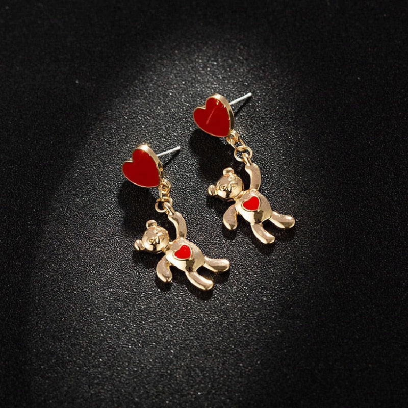 Lady Cute Bear with Red Heart Drop Earrings for Women Jewelry Girls Earrings