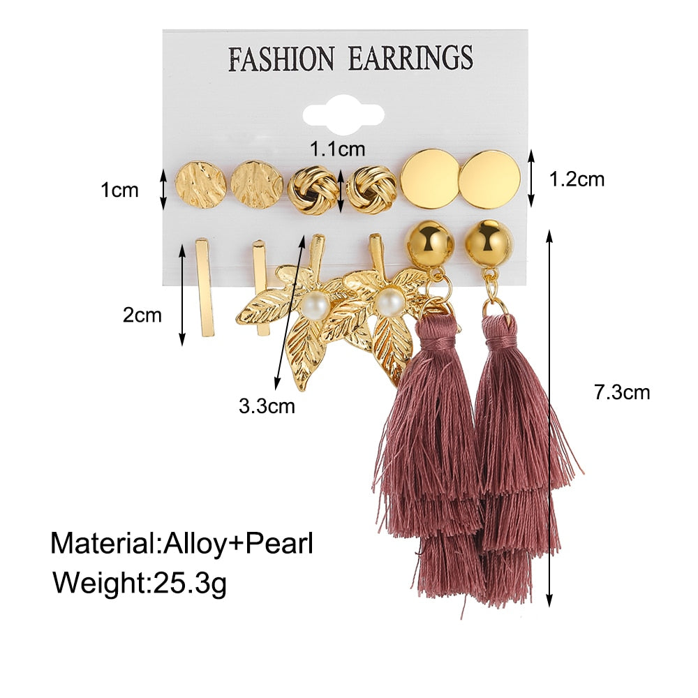 6pairs Textured Leaf Coral Tassel Stud and Drop Earrings Fashion Women Summer