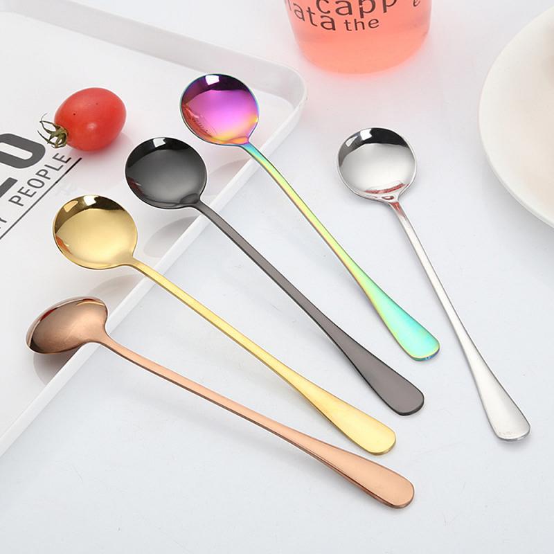 Long Spoons Coffee Salad Spoon Long Handle Round Spoons Dessert Stainless Steel