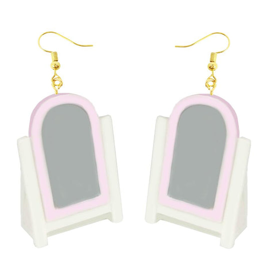 Retro Pink Mirror Drop Earrings Cartoon Art Women Party Jewelry Ear Fashion