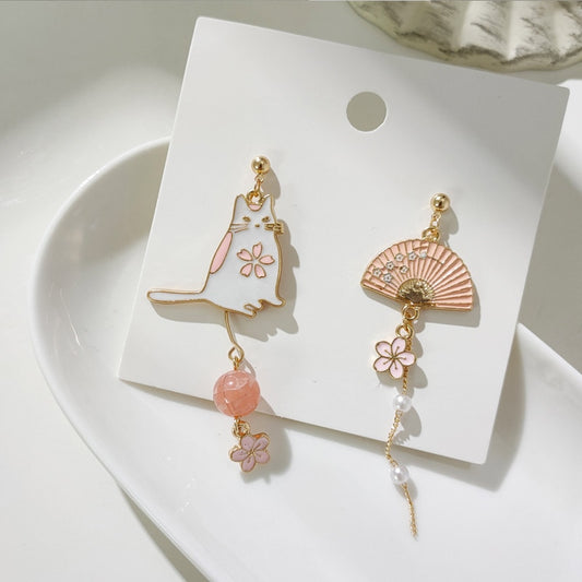 Cat and Fan Drop Earrings Women Party Wedding Jewelry Creative Gifts Earrings