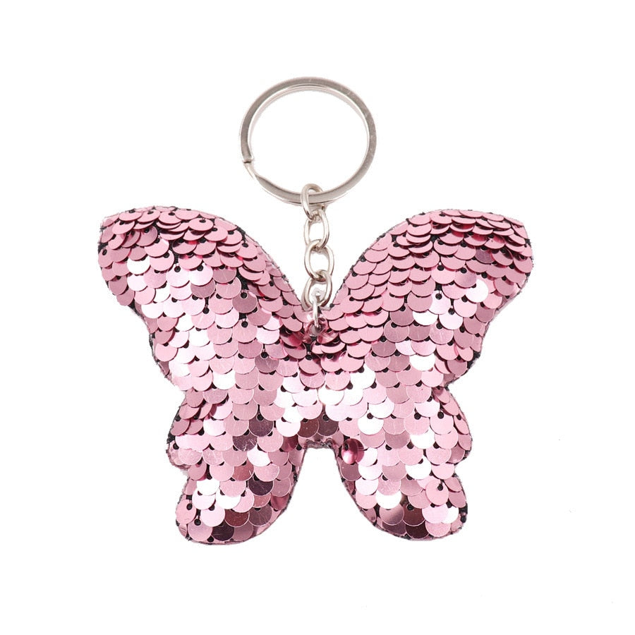 Light Pink Butterfly Sequin Keychain Sparkling Love Keyring Women Shoulder Bag