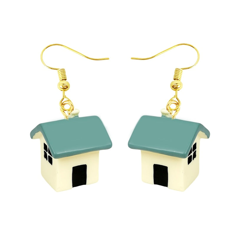 Blue Roof House Drop Earrings Women Art Fashion Cartoon Earrings Creative