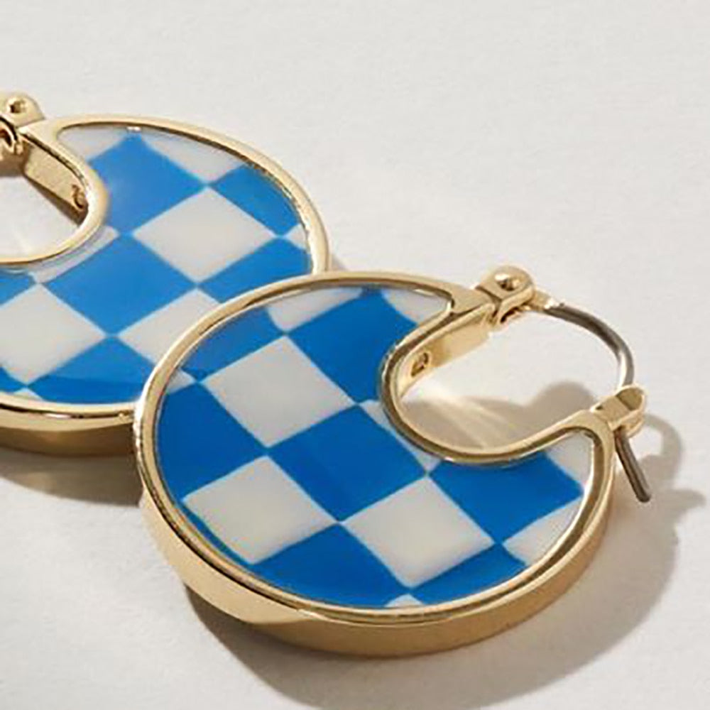 Blue Checker Board Hoop Earrings Hip Hop Women Party Gift Jewelry Ear Fashion