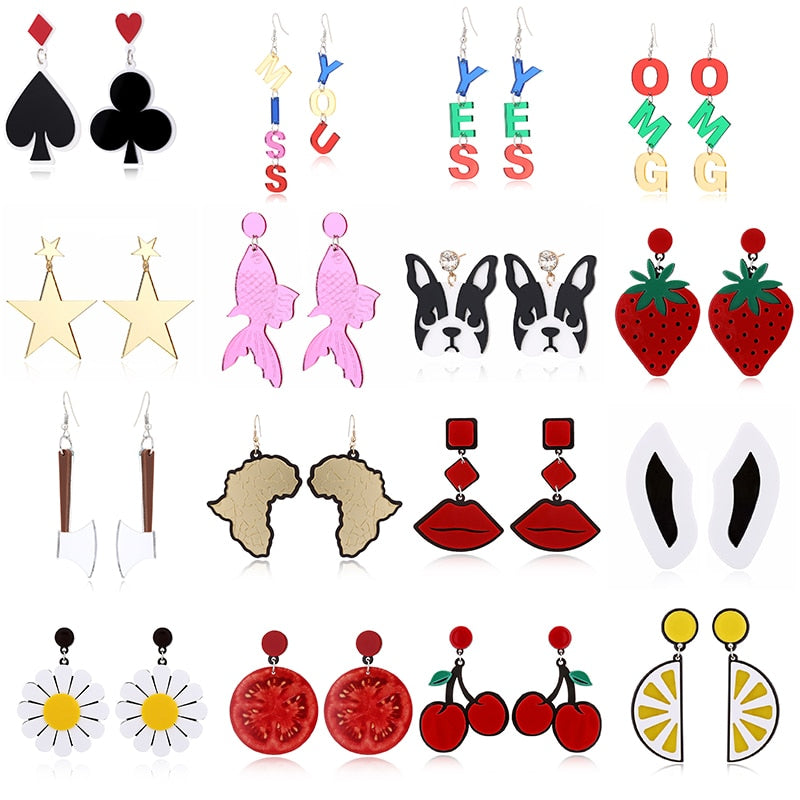 52 Styles Acrylic Fruit Letters Exaggeration Funny Drop Earrings Female Travel