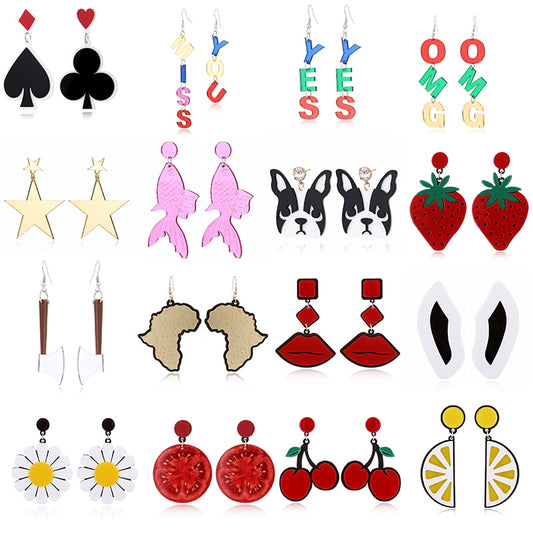 52 Styles Acrylic Fruit Letters Exaggeration Funny Drop Earrings Female Travel