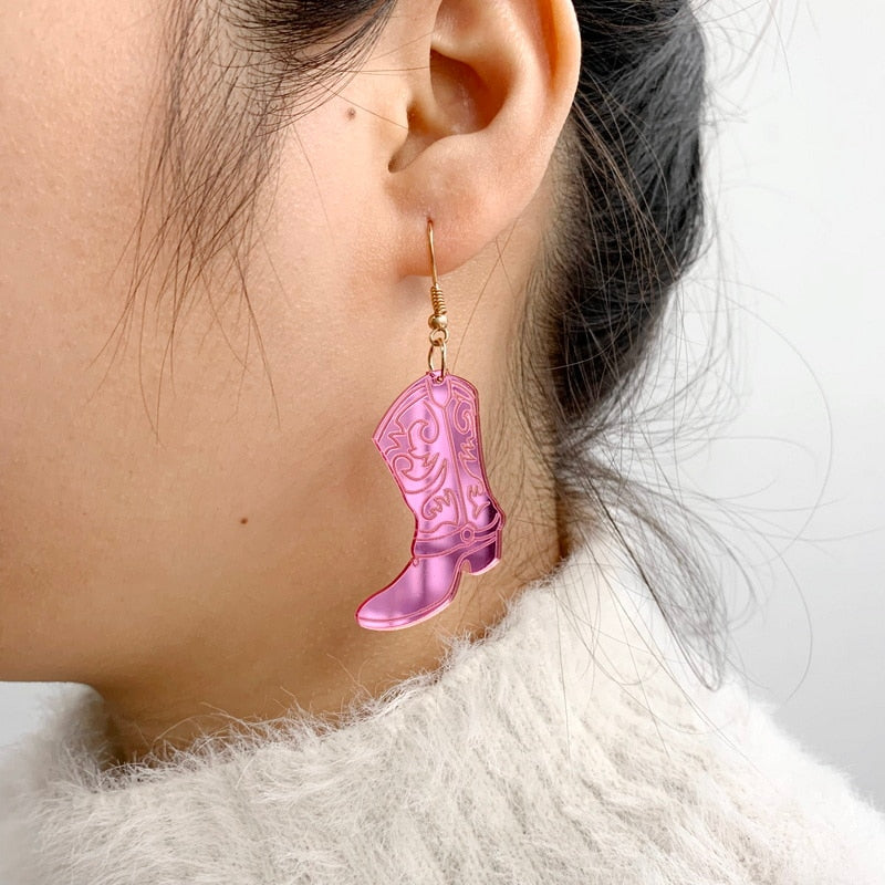 Mirror Laser Carved Pattern Pink Cowboy Boots Dangle Earrings for Girls Women