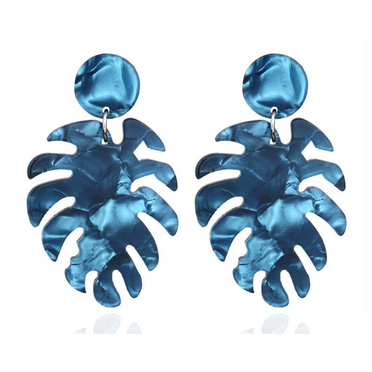 Blue Tropical Leaf Drop Earrings Cartoon Art Women Party Jewelry Ear Fashion