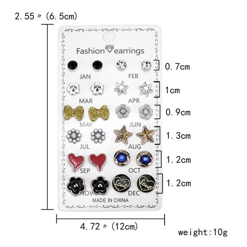 12 Pairs Bow Heart Stud Earrings Women Gift Wedding Party Fashion Jewelry