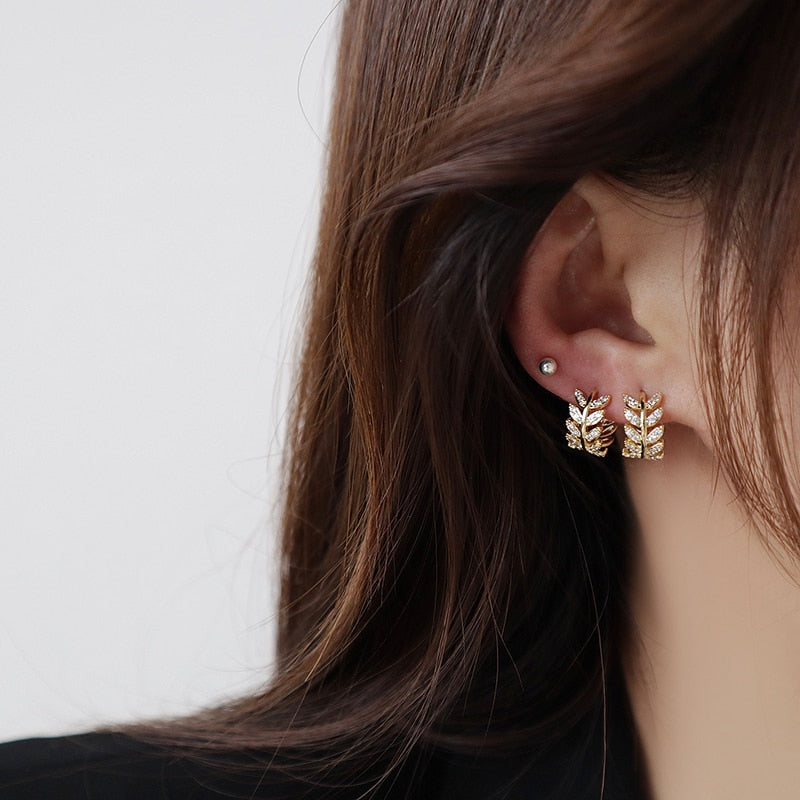 Rhinestone Leaf Fashion Ear Studs Earrings Jewelry Women Earrings Accessories