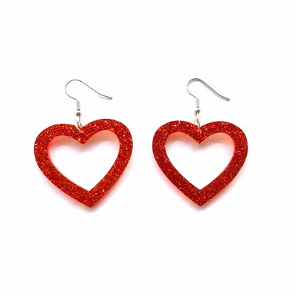 Simple Classic Style Glitter Red Hollow Out Heart Dangle Earrings for Girls