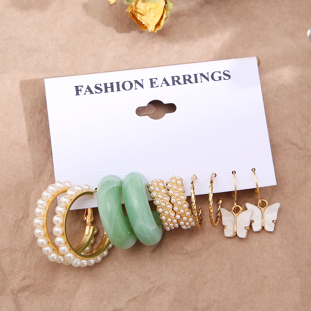 33 Styles 5-9Pairs Set Drop Hoop Earrings Set Acrylic Pearl Tassel Fashion Women