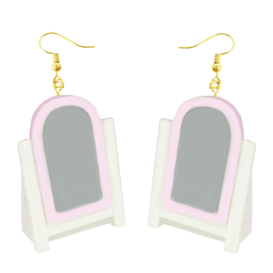 Retro Pink Mirror Drop Earrings Cartoon Art Women Party Jewelry Ear Fashion