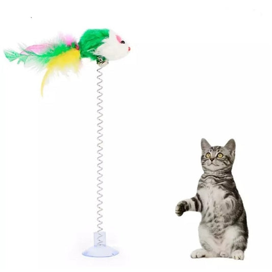 Spring Cat Toy Funny Suction Cup Spring Mouse Feather Pet Toy Multicolored Cat