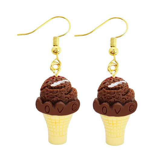 Cute Funny Chocolate Ice Cream Waffle Cone Drop Earrings Women Creativity