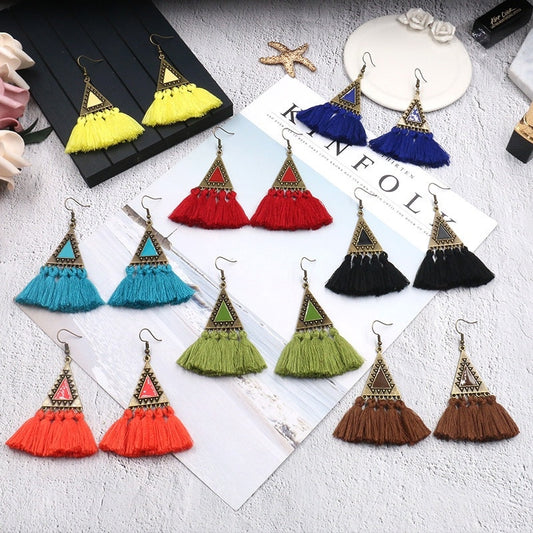 7 Colors Long Tassel triangle Vintage Ethnic fringed Dangle Earrings Women Party