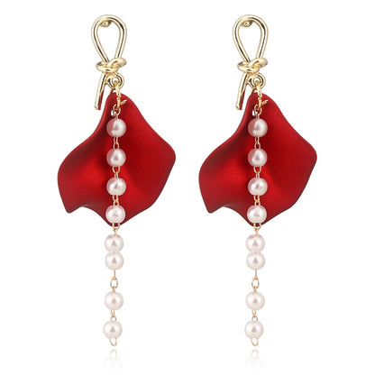 Red Petal Pearl Tassel Dangle Earrings Fashion Party Girls Pendant Earrings