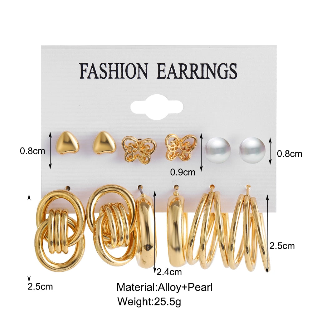 6 Pairs Golden Stud and Hoop Earrings Fashion Women Summer Party Jewelry Girls