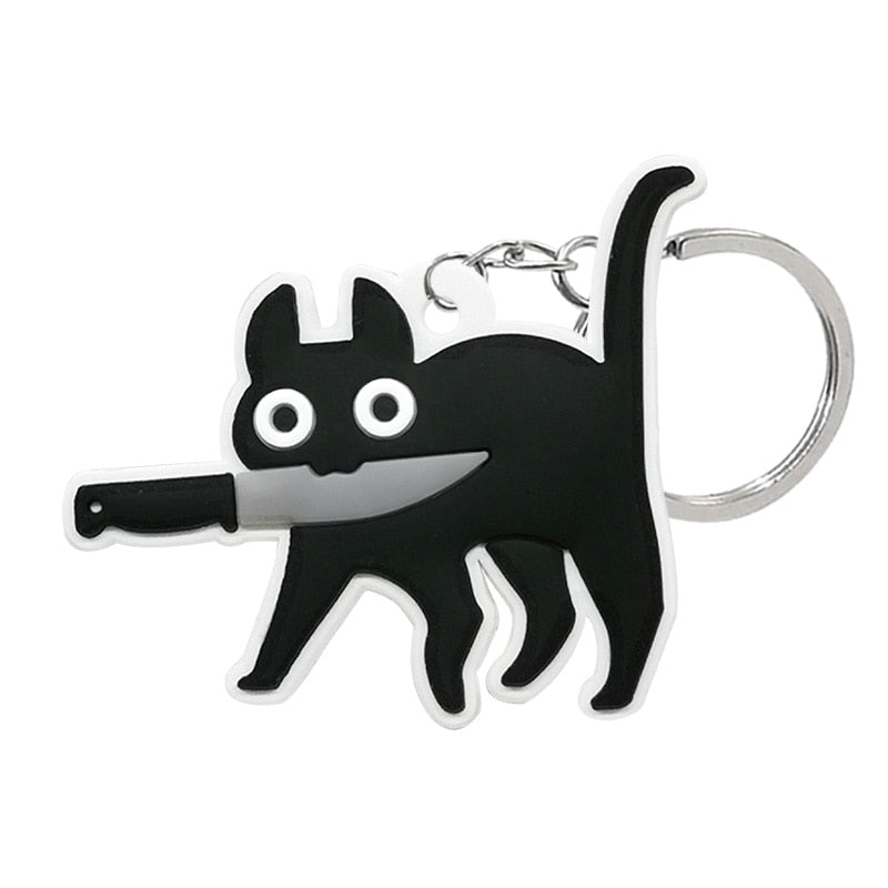 Black Cat And Knife PVC Keyring Cute Cartoon Style Keychains Bag Car Pendant